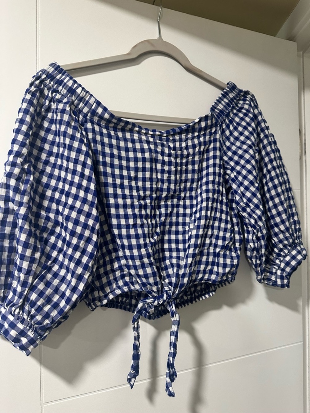 Forever 21 Blue and White Gingham Off-Shoulder Tie-Front Crop Top